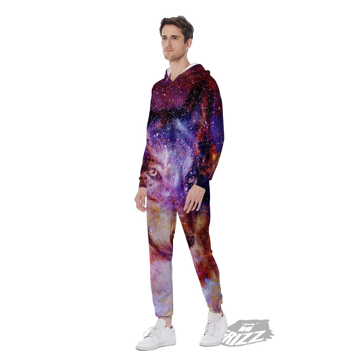 Portrait Wolf Galaxy Print Men's Jumpsuit-grizzshop