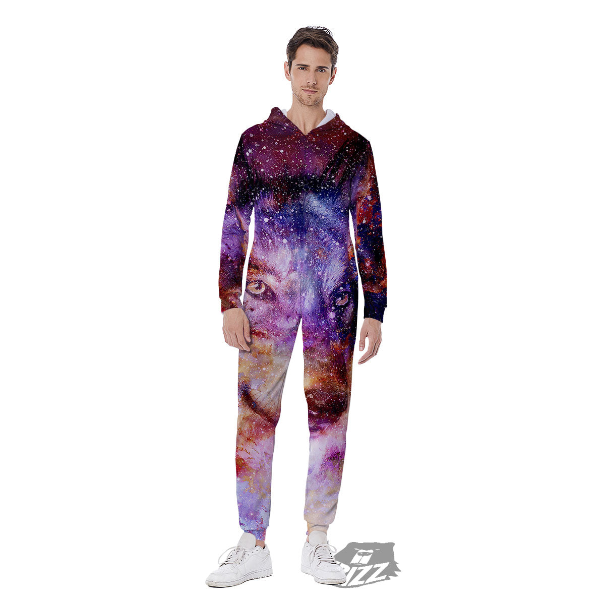 Portrait Wolf Galaxy Print Men's Jumpsuit-grizzshop