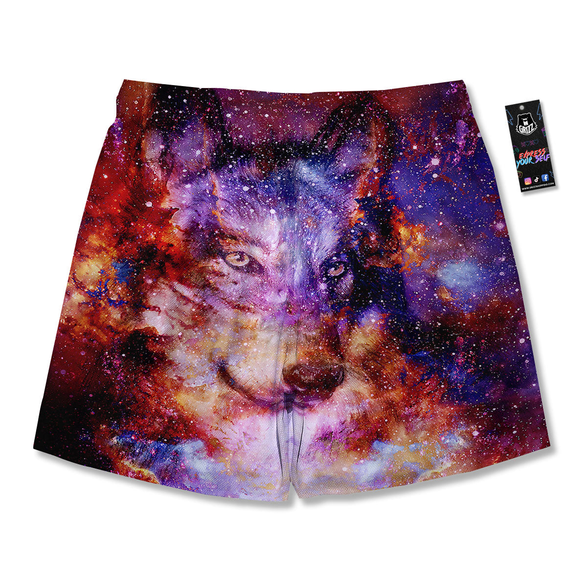 Portrait Wolf Galaxy Print Men's Running Shorts-grizzshop