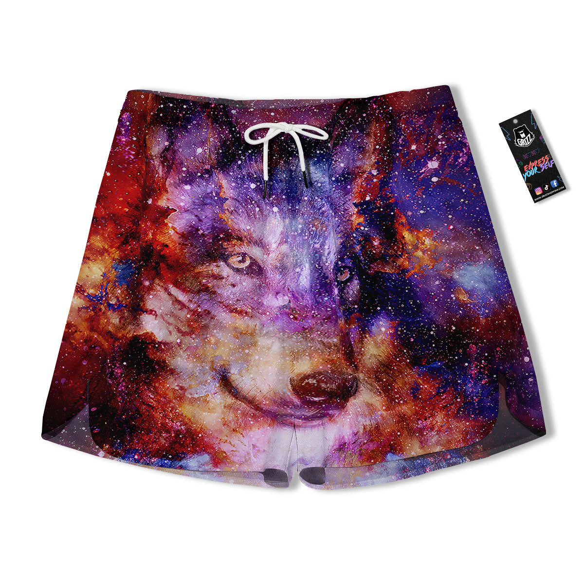 Portrait Wolf Galaxy Print Men's Running Shorts-grizzshop