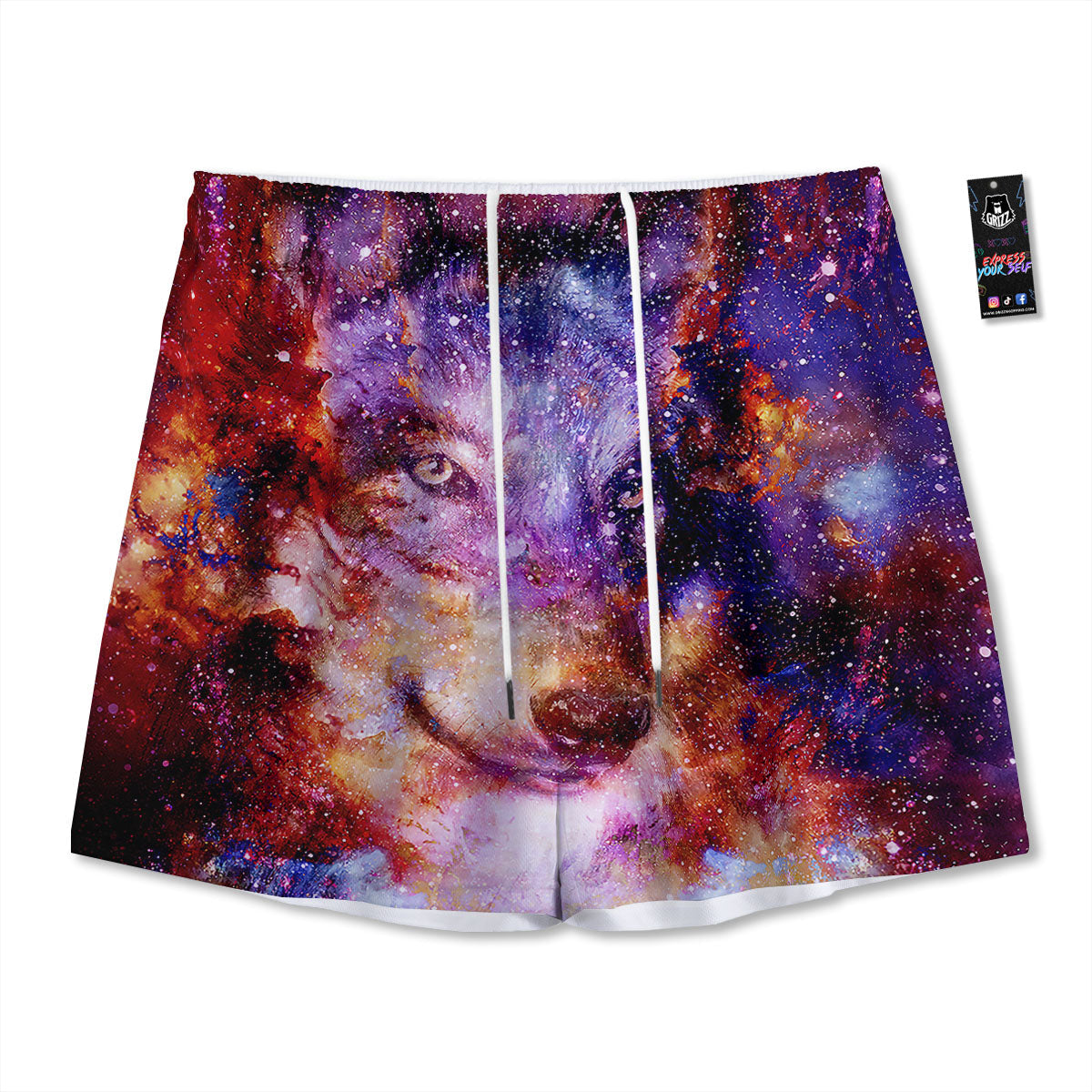 Portrait Wolf Galaxy Print Mesh Shorts