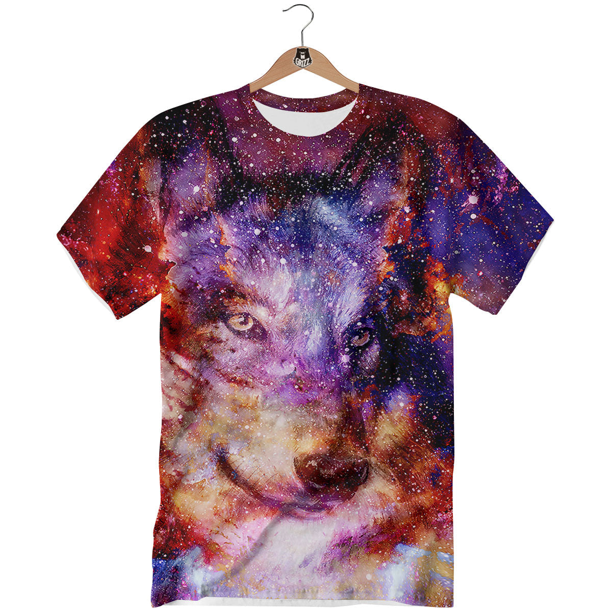 Portrait Wolf Galaxy Print T-Shirt-grizzshop