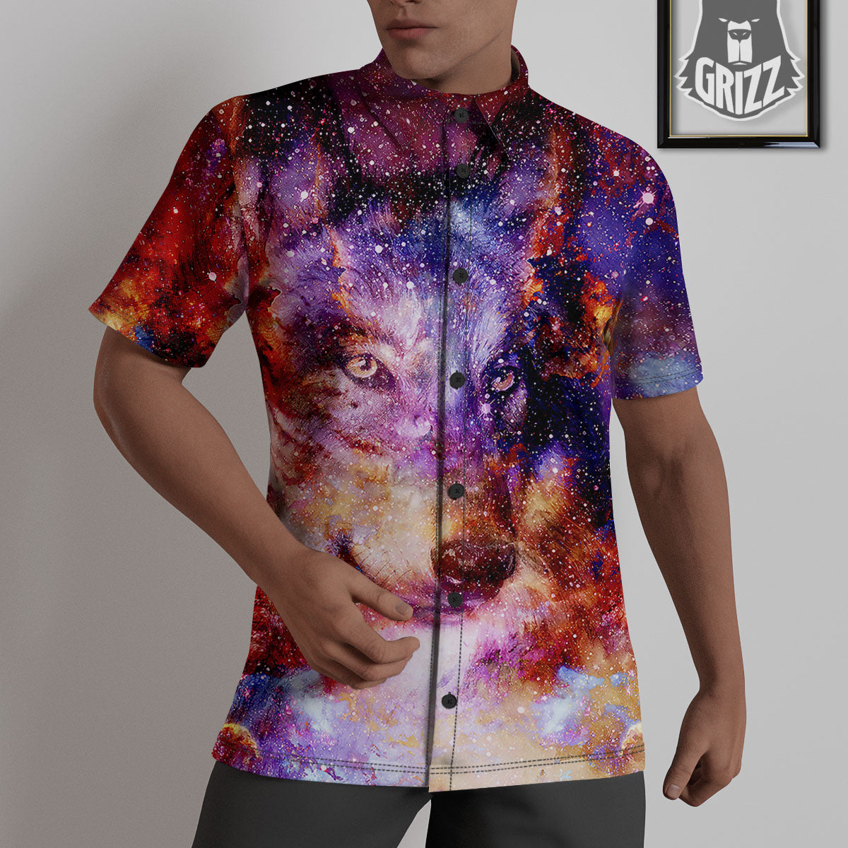 Portrait Wolf Galaxy Print Untucked Shirts-grizzshop