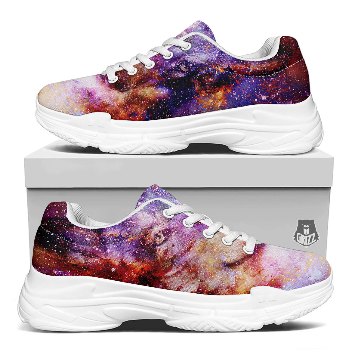 Portrait Wolf Galaxy Print White Chunky Shoes-grizzshop
