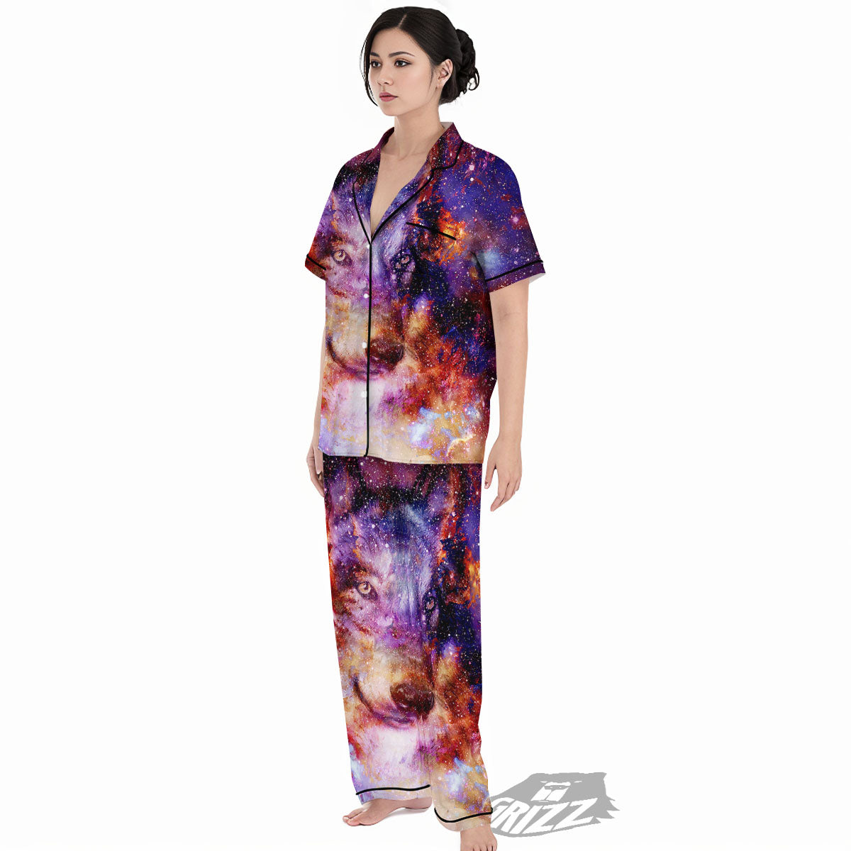 Portrait Wolf Galaxy Print Women's Pajamas Set-grizzshop