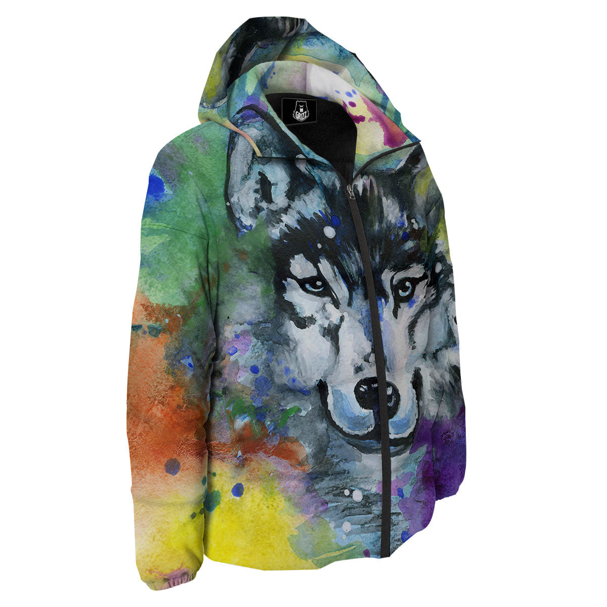 Portrait Wolf Watercolor Print Down Jacket-grizzshop