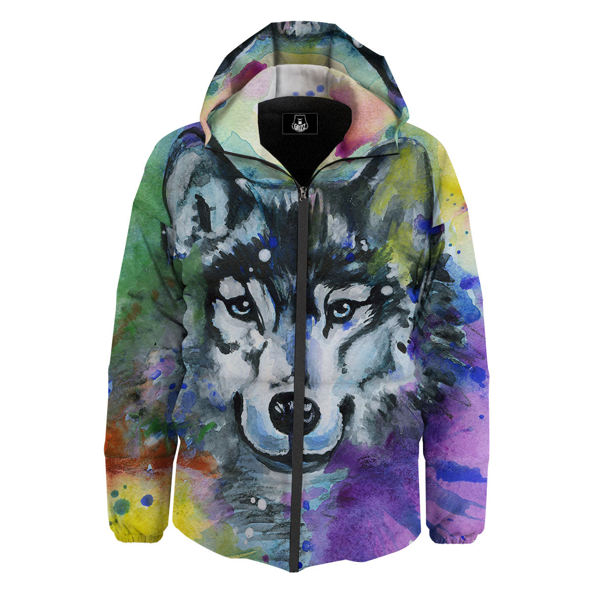 Portrait Wolf Watercolor Print Down Jacket-grizzshop