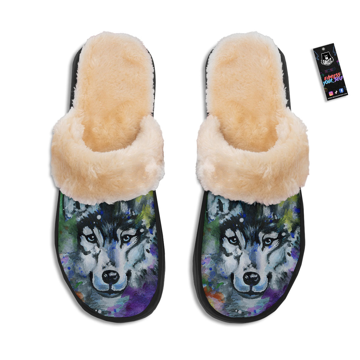 Portrait Wolf Watercolor Print Slippers-grizzshop
