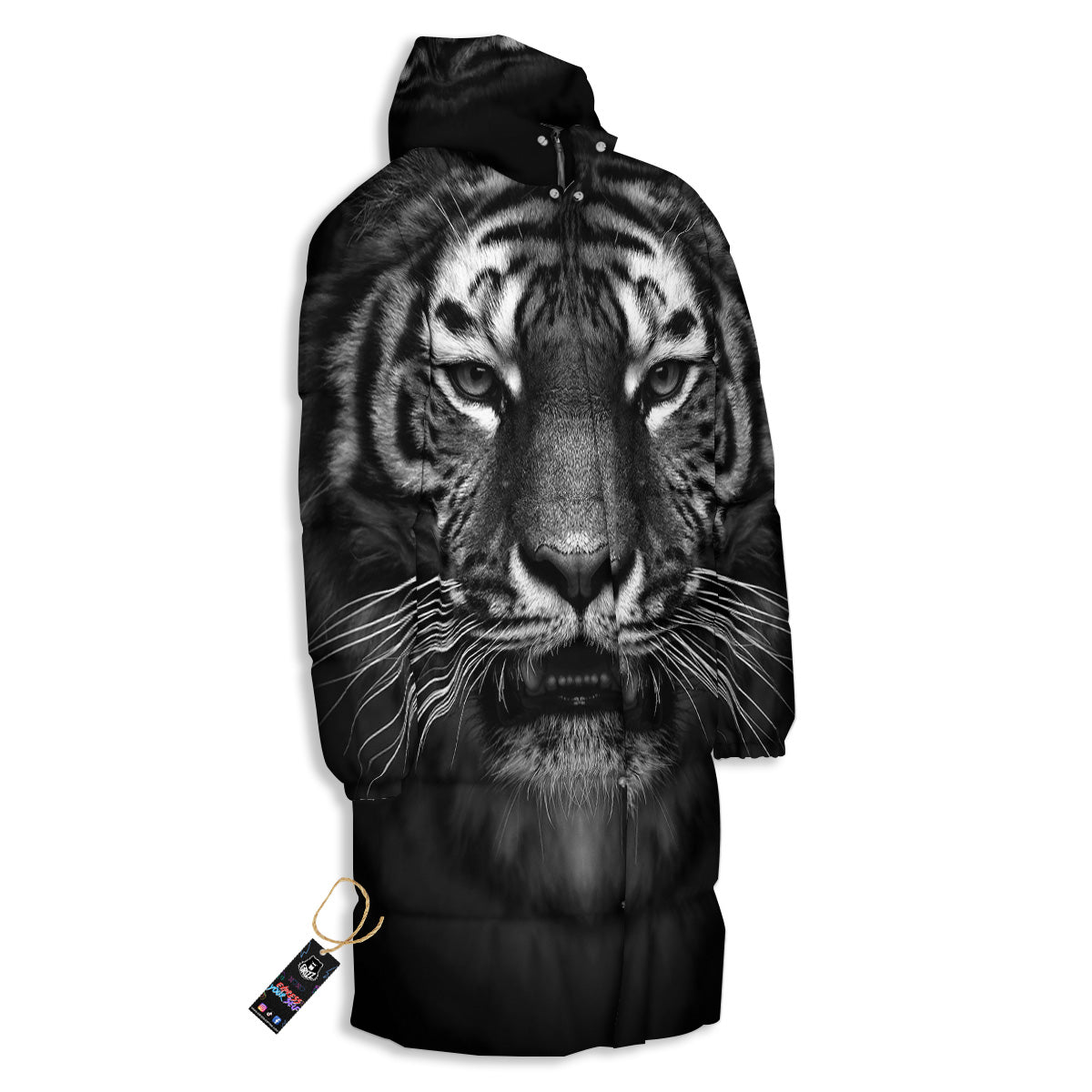 Portrait Black Tiger Print Long Down Jacket