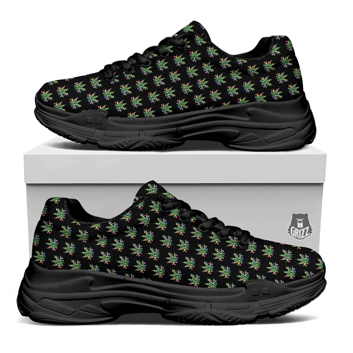 Pot Leaf Christmas Print Pattern Black Chunky Shoes-grizzshop