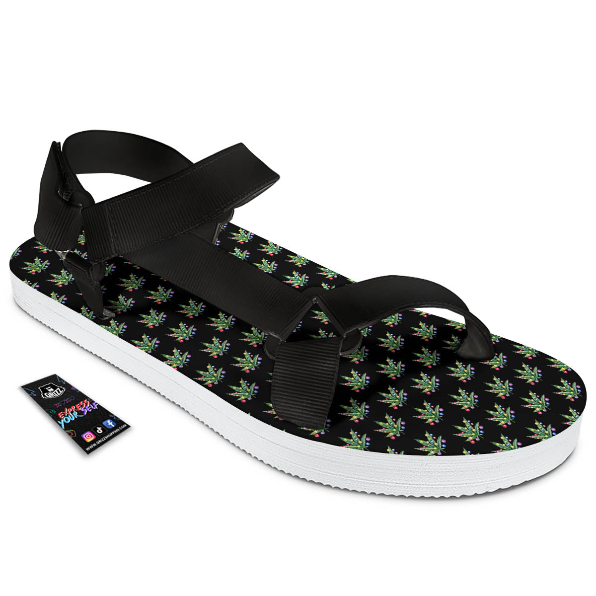 Pot Leaf Christmas Print Pattern Black Open Toe Sandals-grizzshop
