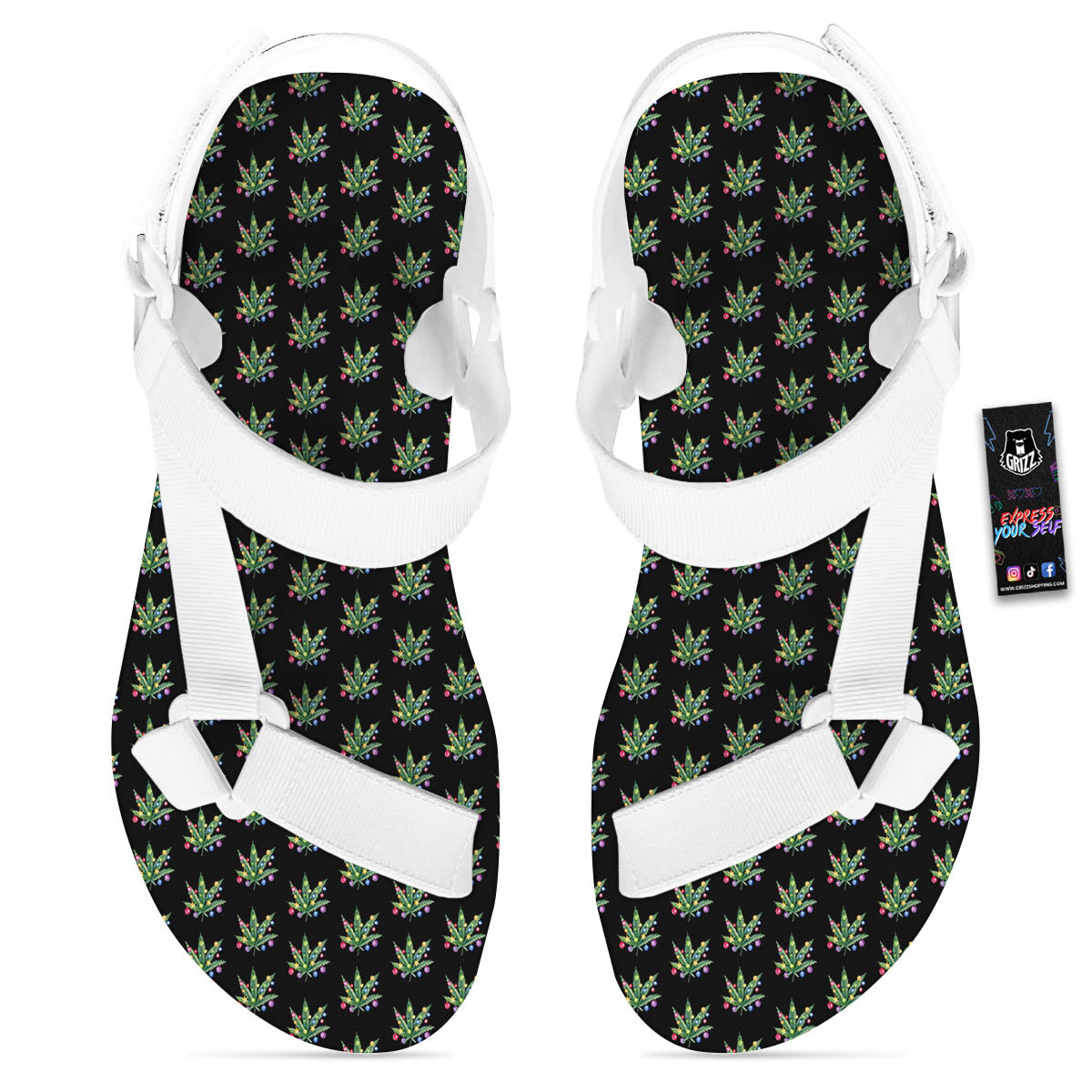 Pot Leaf Christmas Print Pattern White Open Toe Sandals-grizzshop