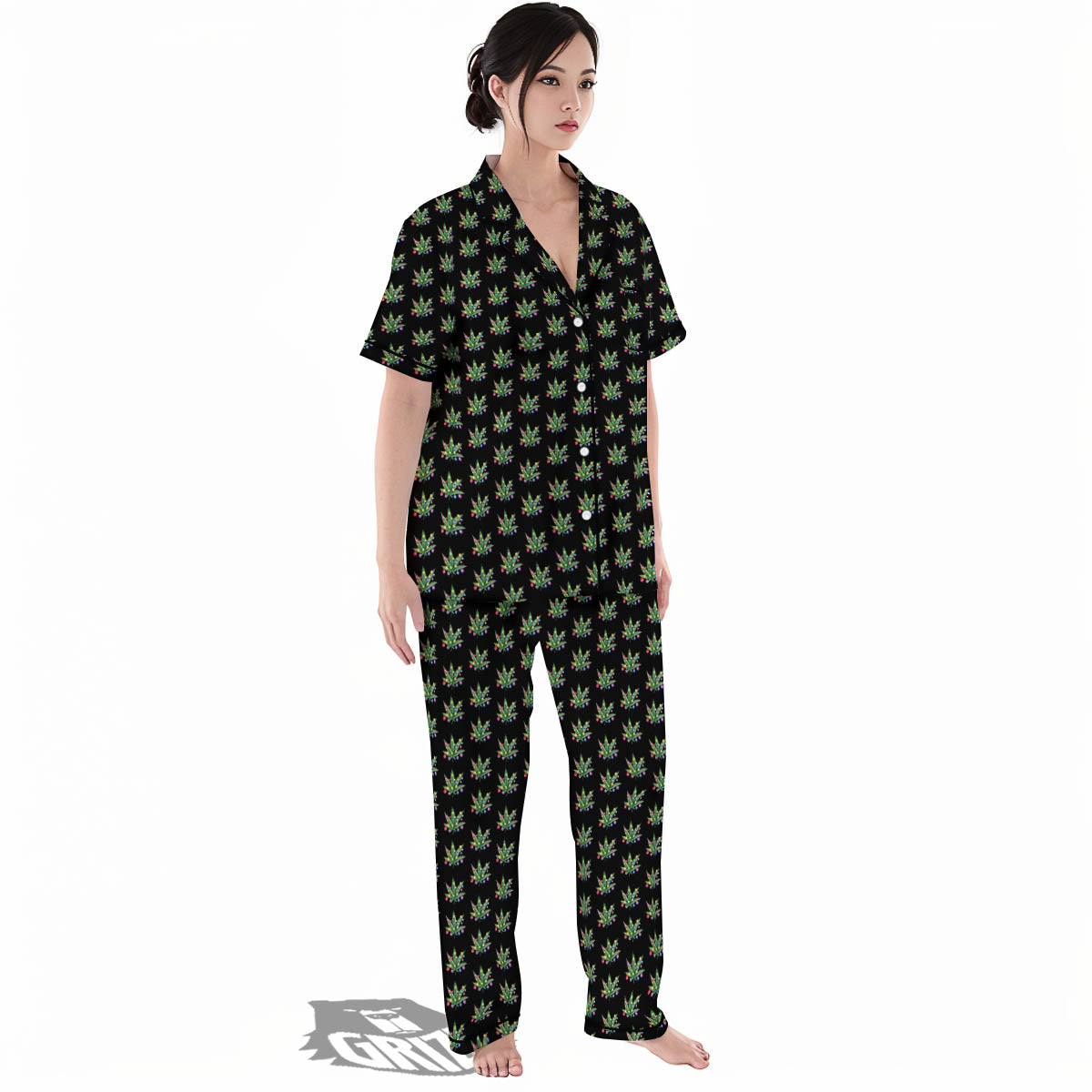 Pot Leaf Christmas Print Pattern Women's Pajamas Set-grizzshop