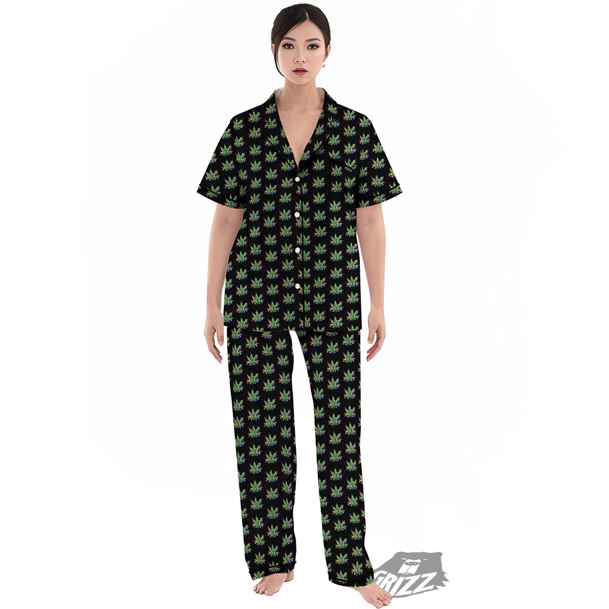 Pot Leaf Christmas Print Pattern Women's Pajamas Set-grizzshop