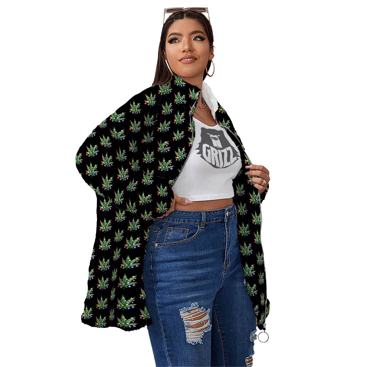 Pot Leaf Christmas Print Pattern Women's Sherpa Jacket-grizzshop