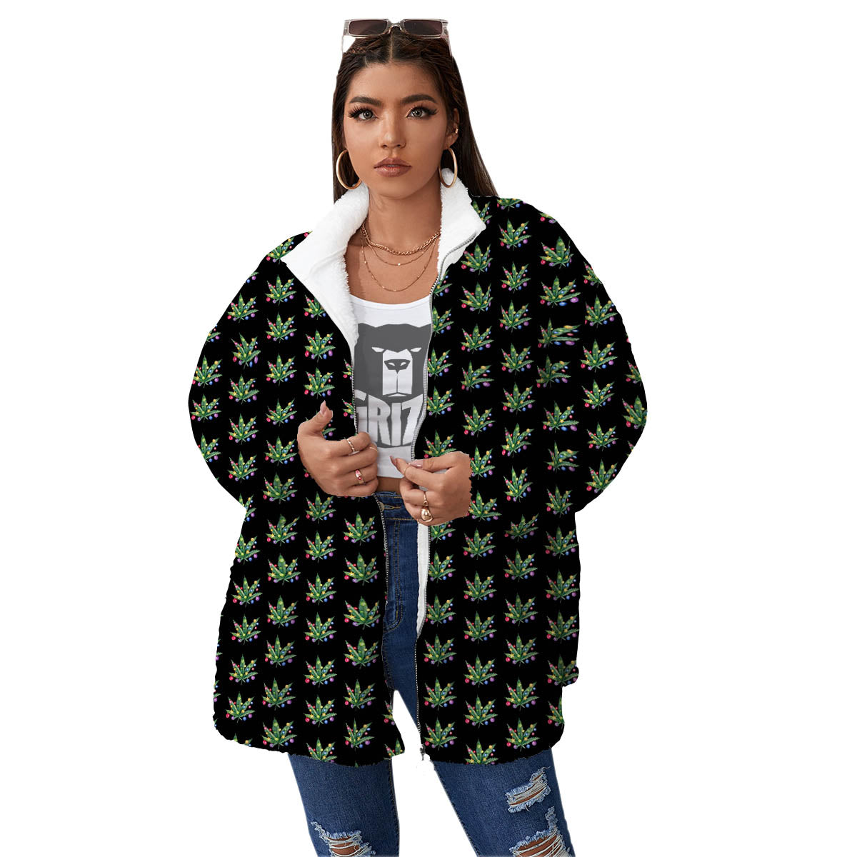 Pot Leaf Christmas Print Pattern Women's Sherpa Jacket-grizzshop