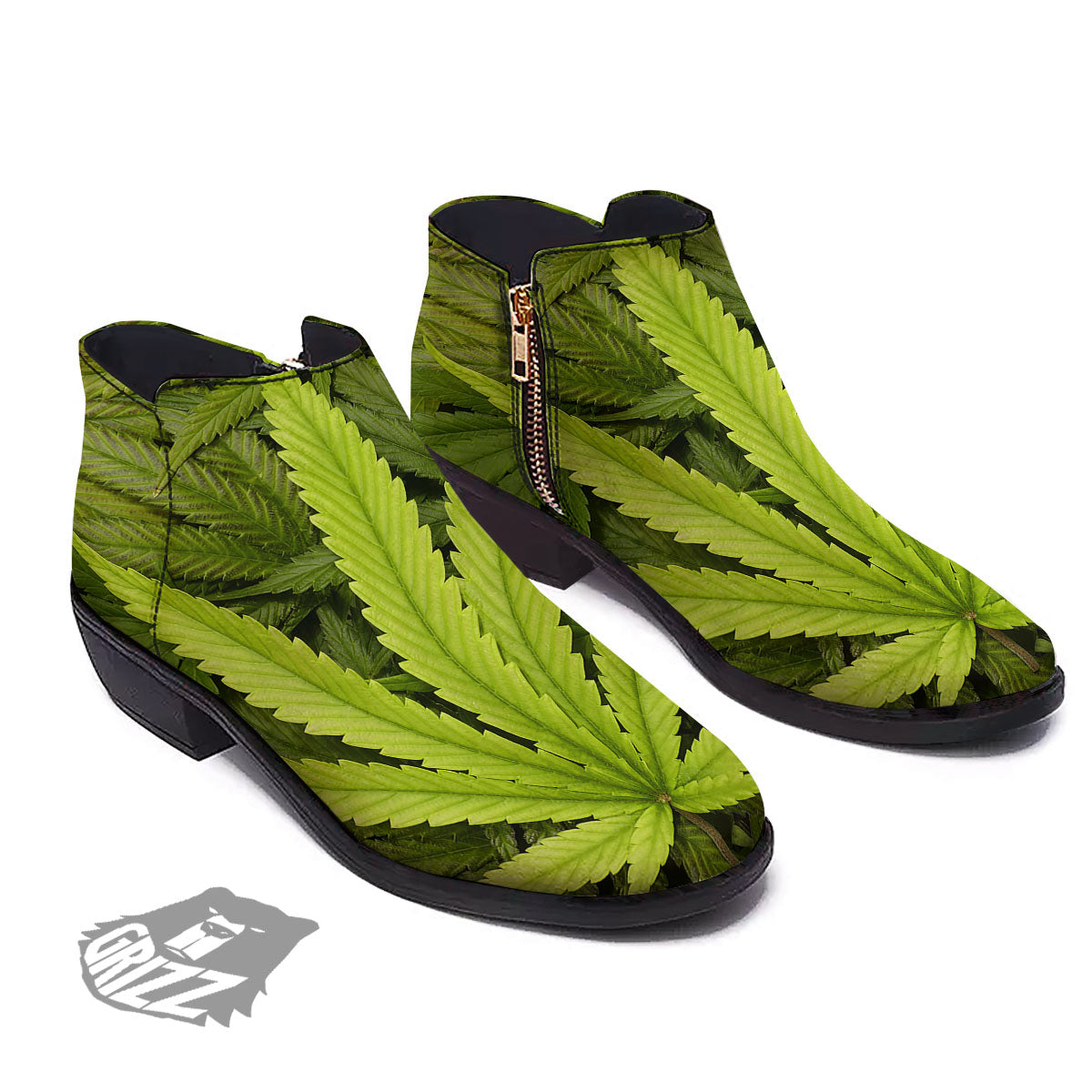 Pot Leaf Green Print Ankle Boots-grizzshop