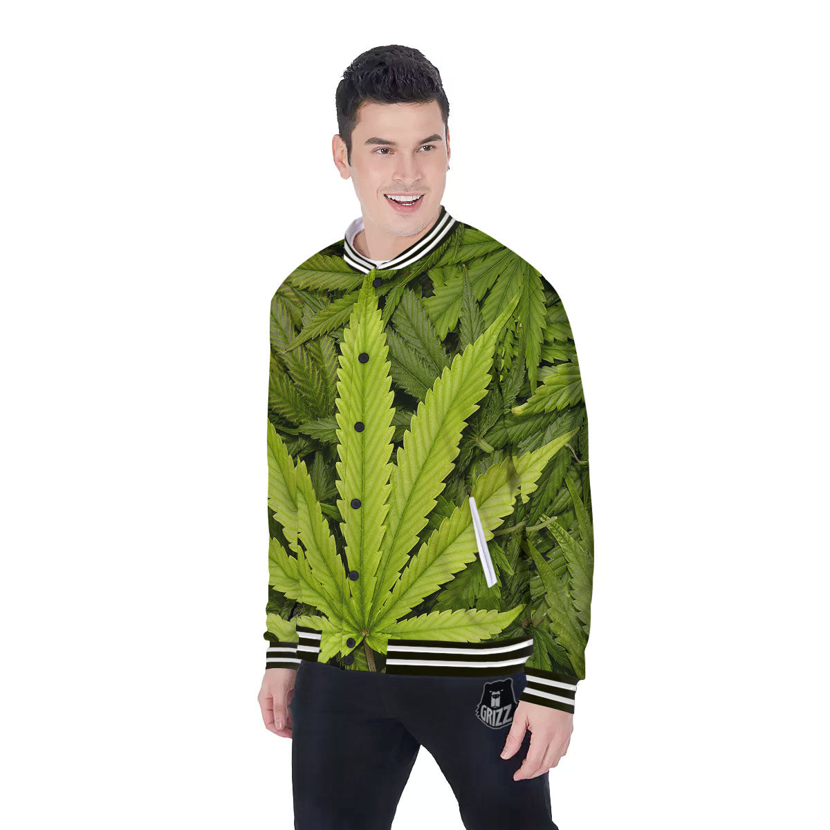 Pot Leaf Green Print Baseball Jacket-grizzshop