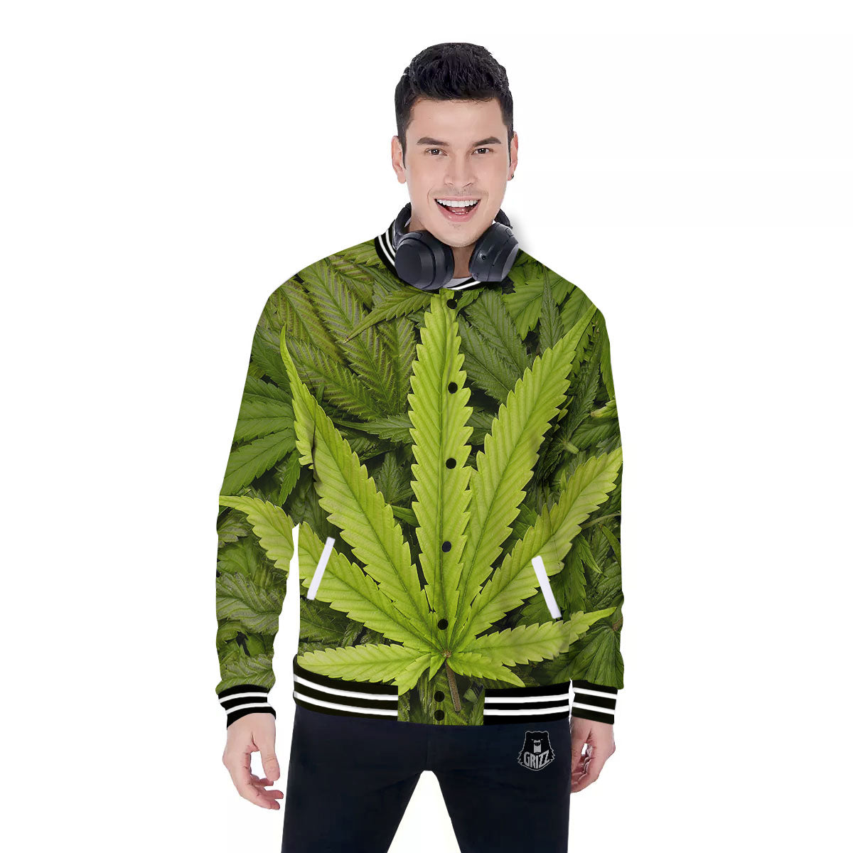 Pot Leaf Green Print Baseball Jacket-grizzshop