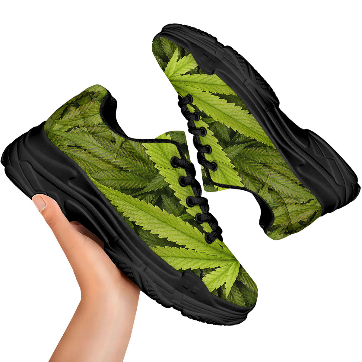 Pot Leaf Green Print Black Chunky Shoes-grizzshop
