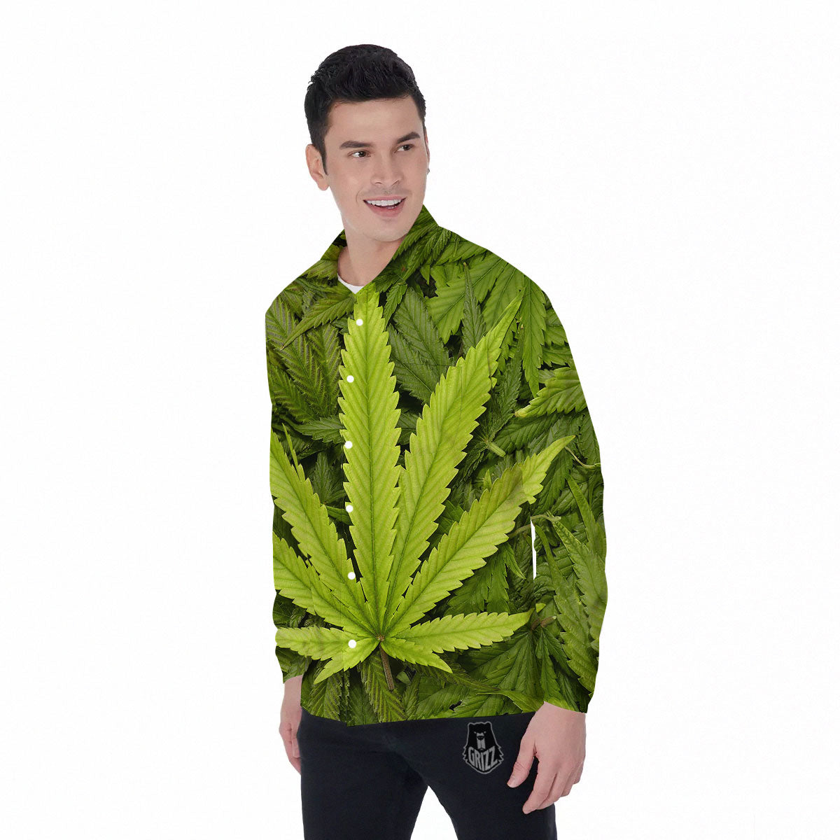 Pot Leaf Green Print Men's Long Sleeve Shirts-grizzshop