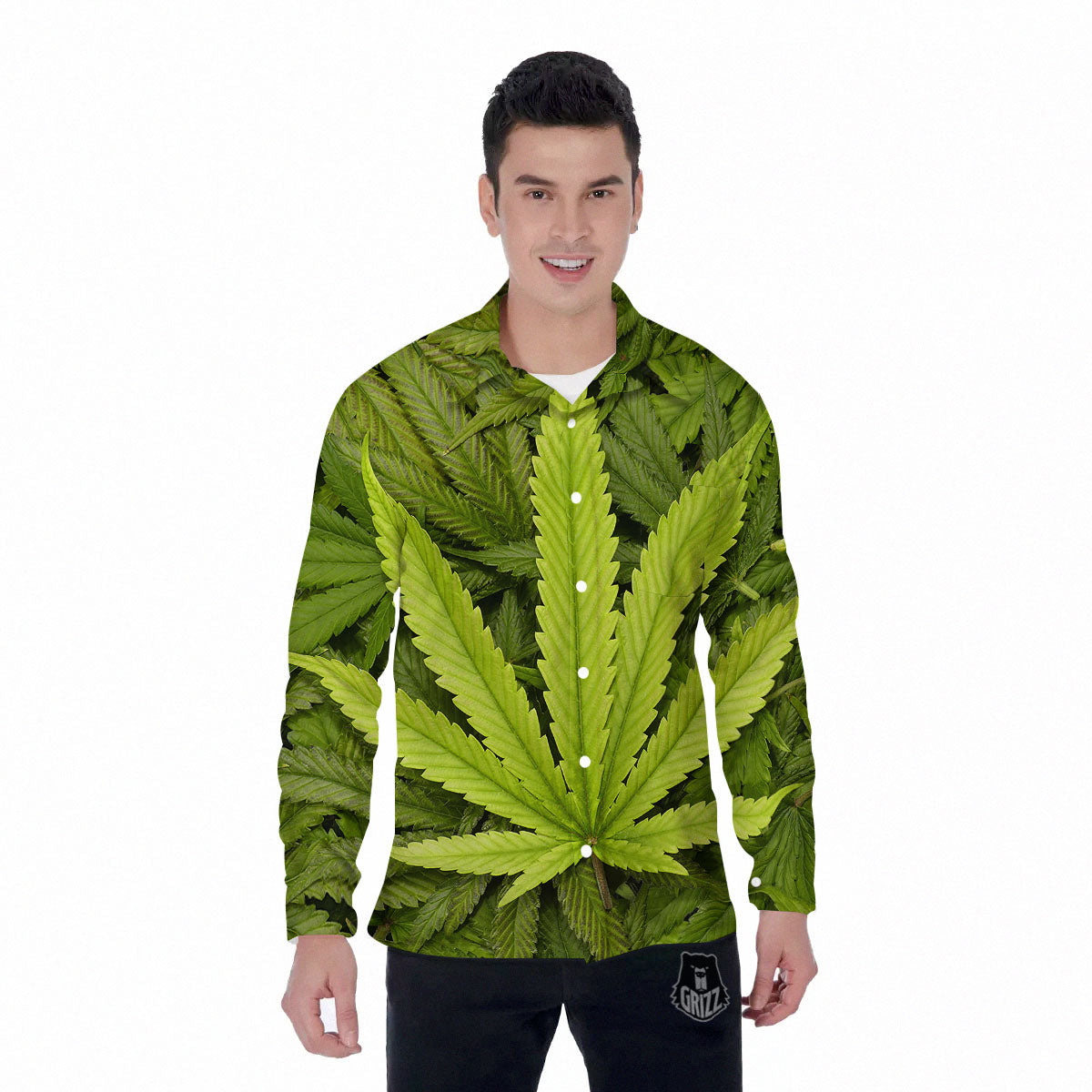 Pot Leaf Green Print Men's Long Sleeve Shirts-grizzshop
