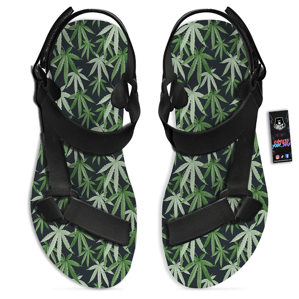 Pot Leaf Green Print Pattern Black Open Toe Sandals-grizzshop