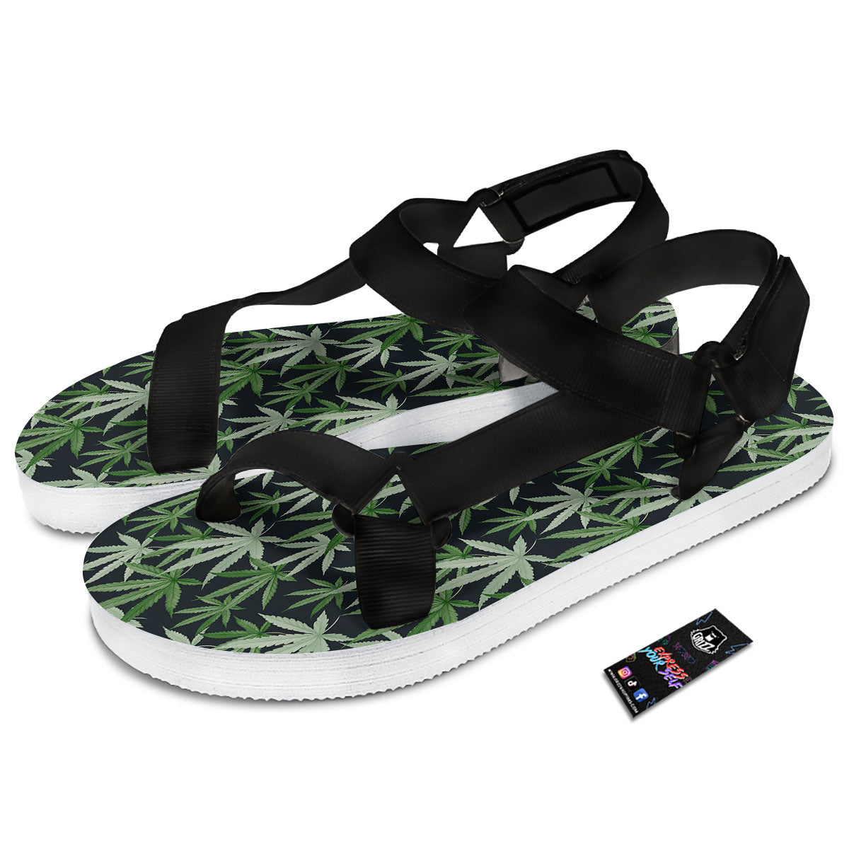 Pot Leaf Green Print Pattern Black Open Toe Sandals-grizzshop