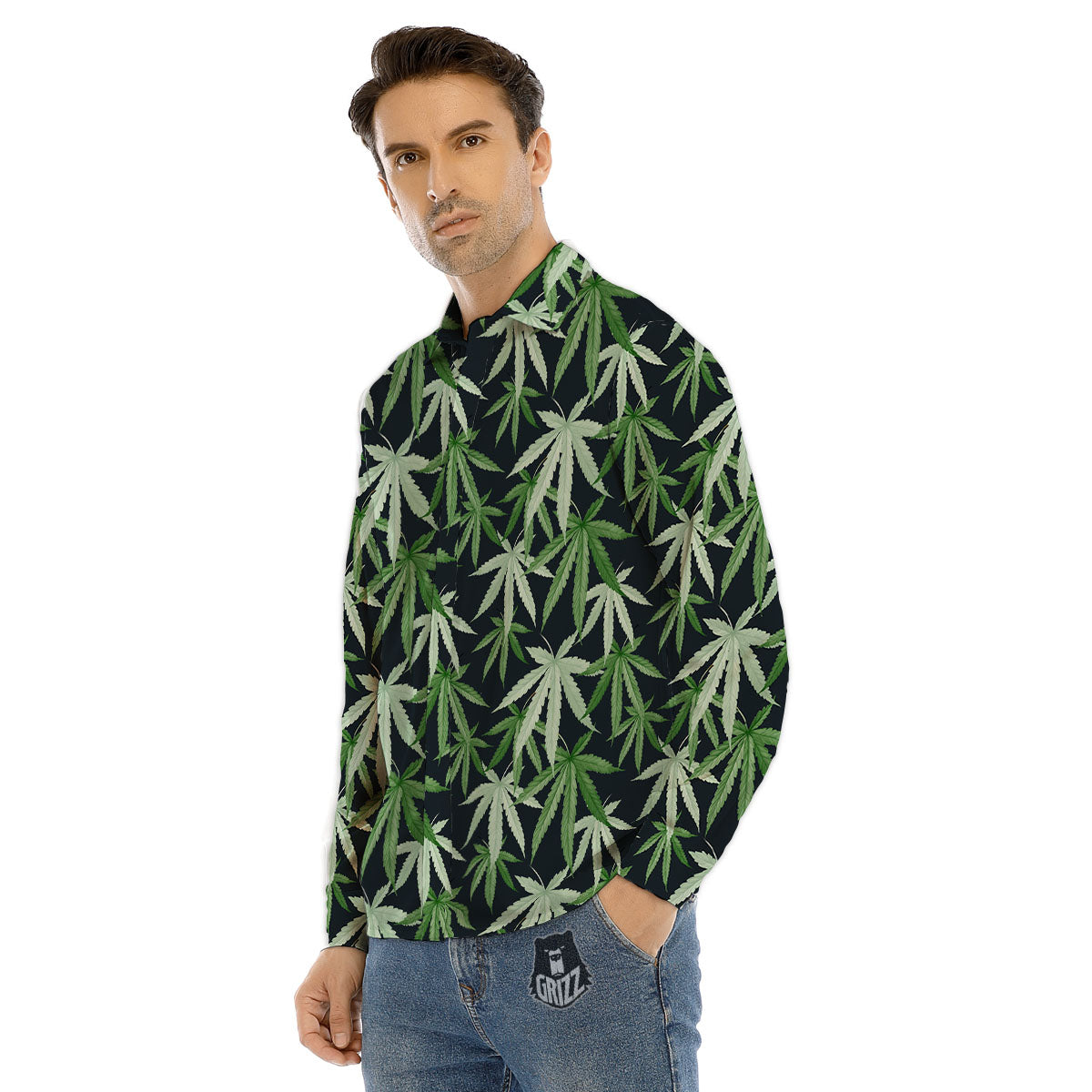 Pot Leaf Green Print Pattern Men's Dress Shirts-grizzshop