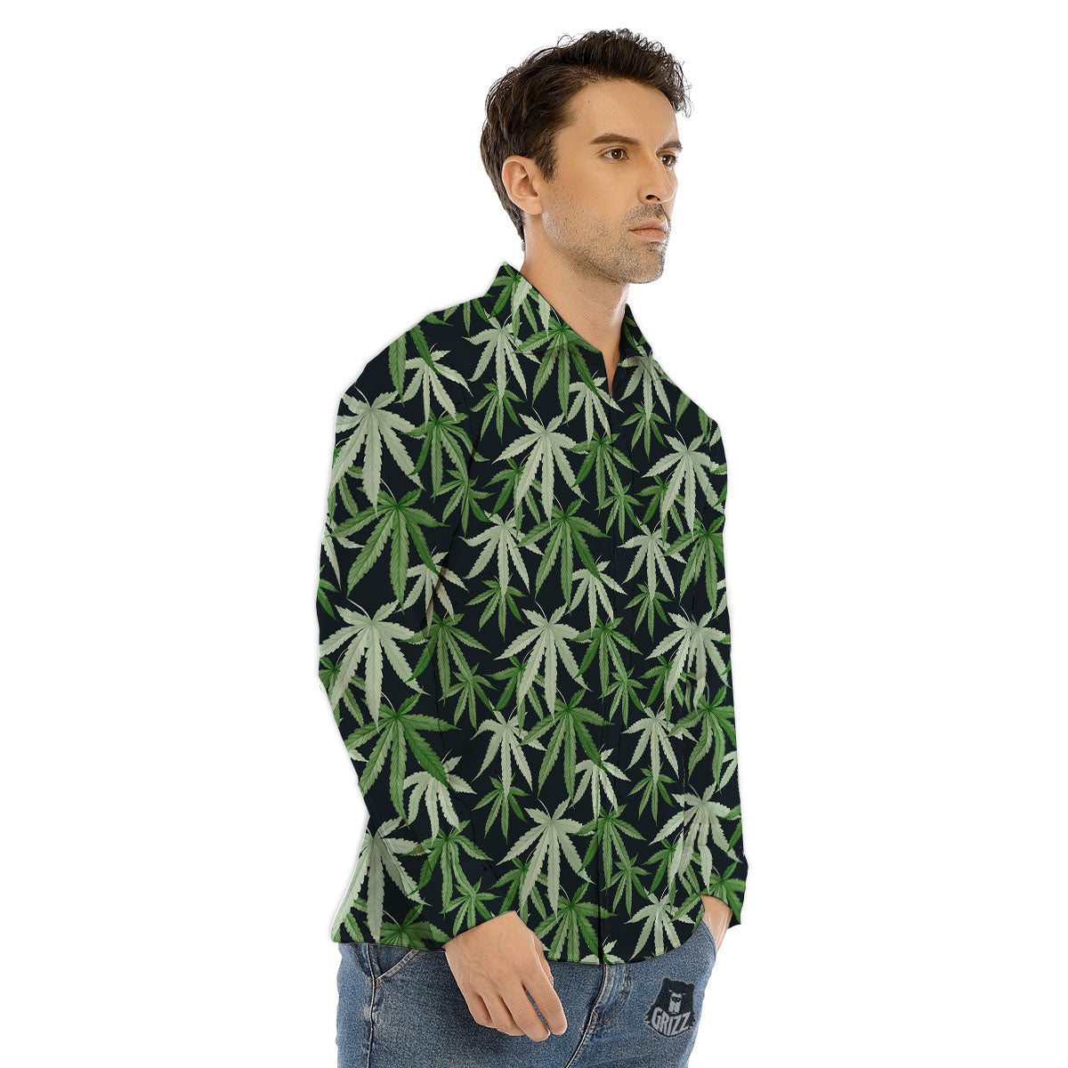 Pot Leaf Green Print Pattern Men's Dress Shirts-grizzshop