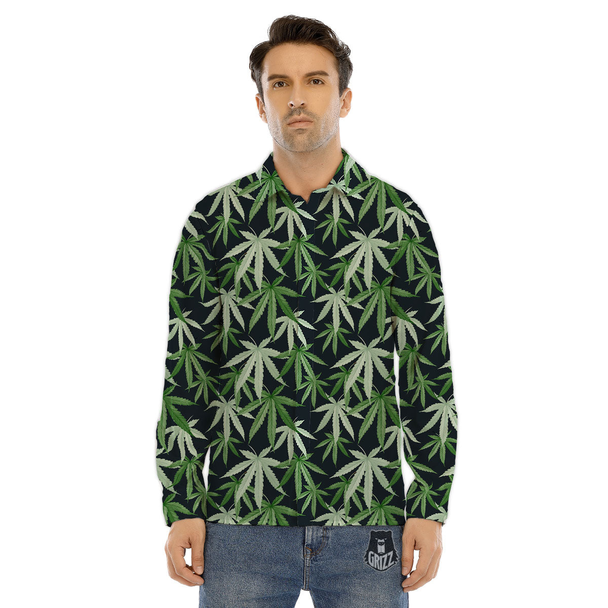 Pot Leaf Green Print Pattern Men's Dress Shirts-grizzshop