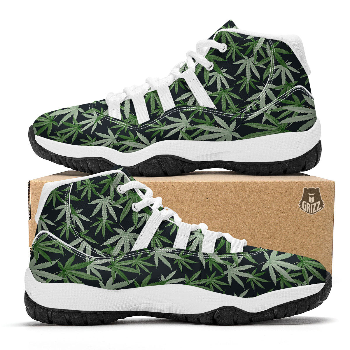 Pot Leaf Green Print Pattern White Bball Shoes-grizzshop