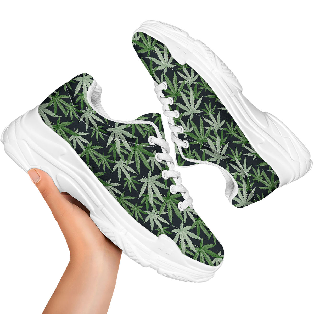 Pot Leaf Green Print Pattern White Chunky Shoes-grizzshop