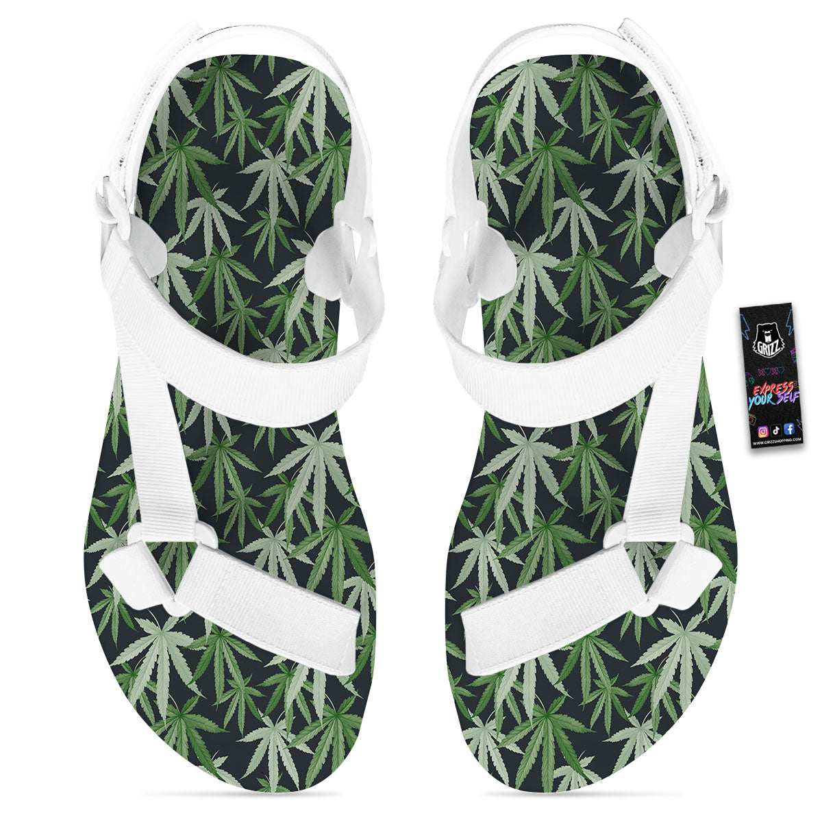 Pot Leaf Green Print Pattern White Open Toe Sandals-grizzshop