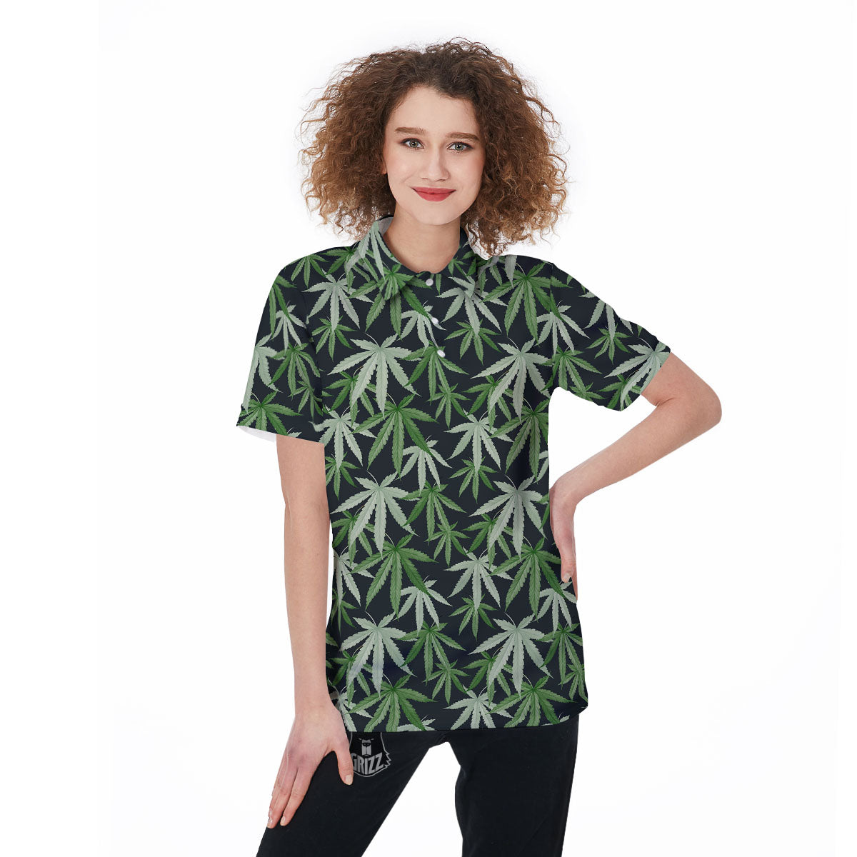 Pot Leaf Green Print Pattern Women's Golf Shirts-grizzshop