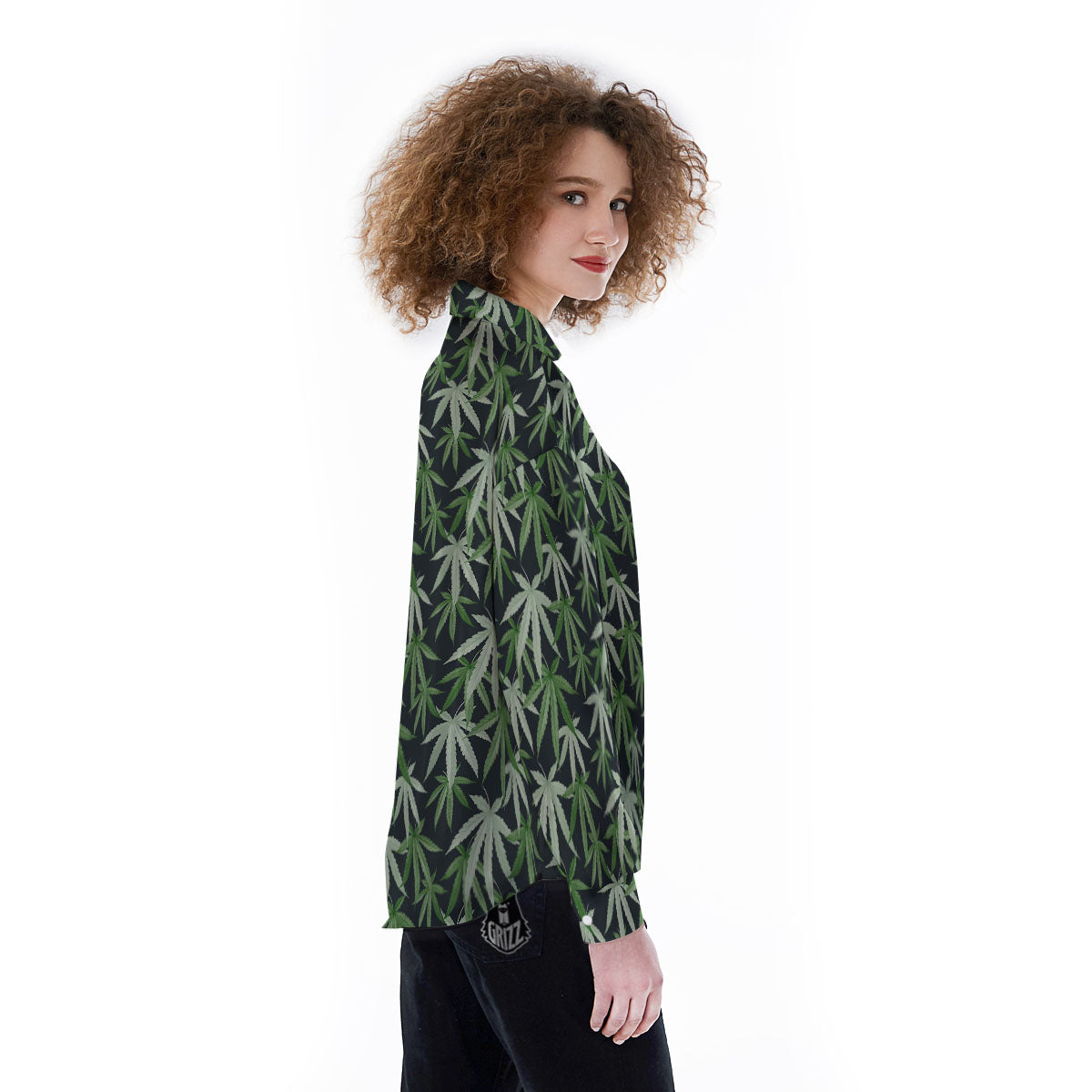 Pot Leaf Green Print Pattern Women's Long Sleeve Shirts-grizzshop