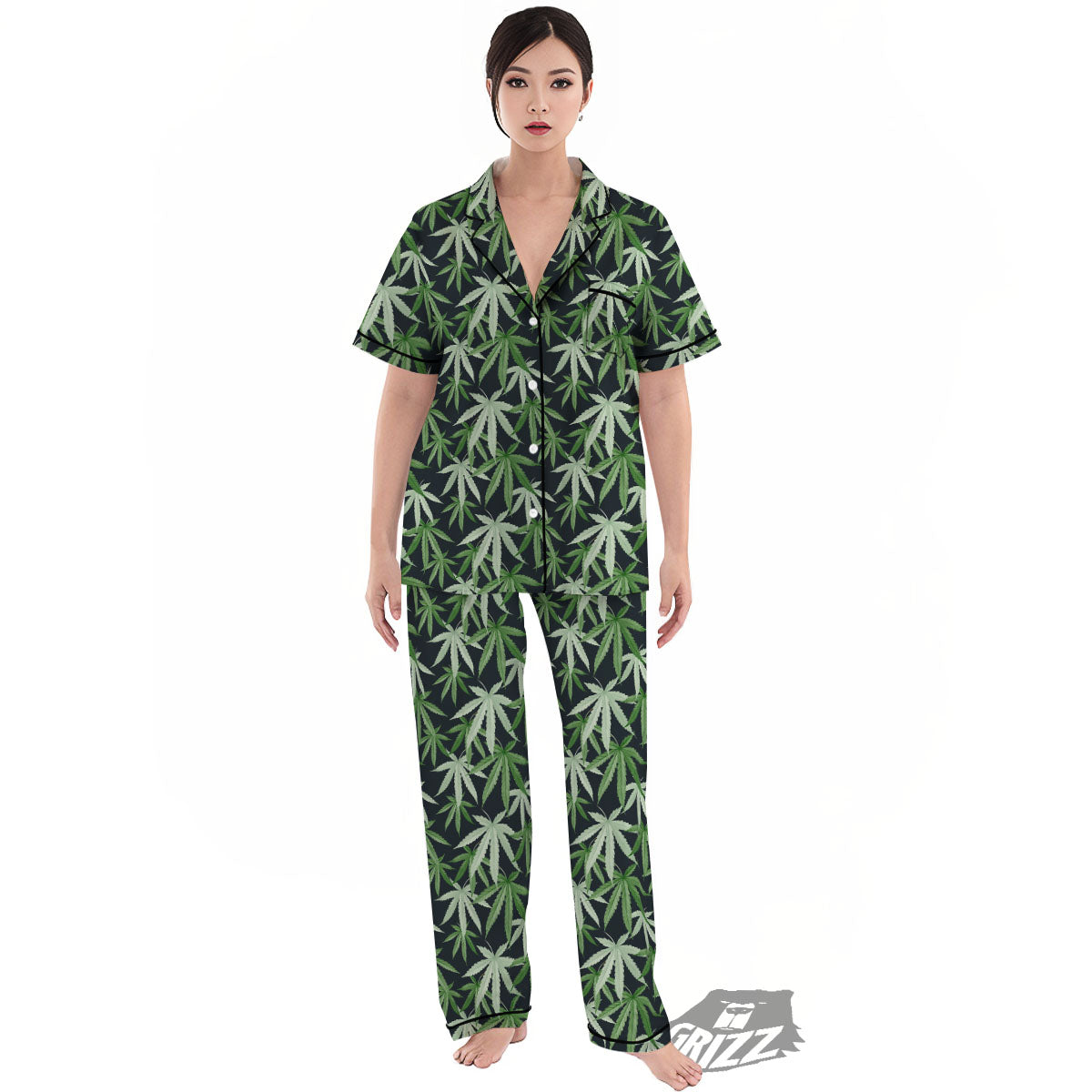 Pot Leaf Green Print Pattern Women's Pajamas Set-grizzshop