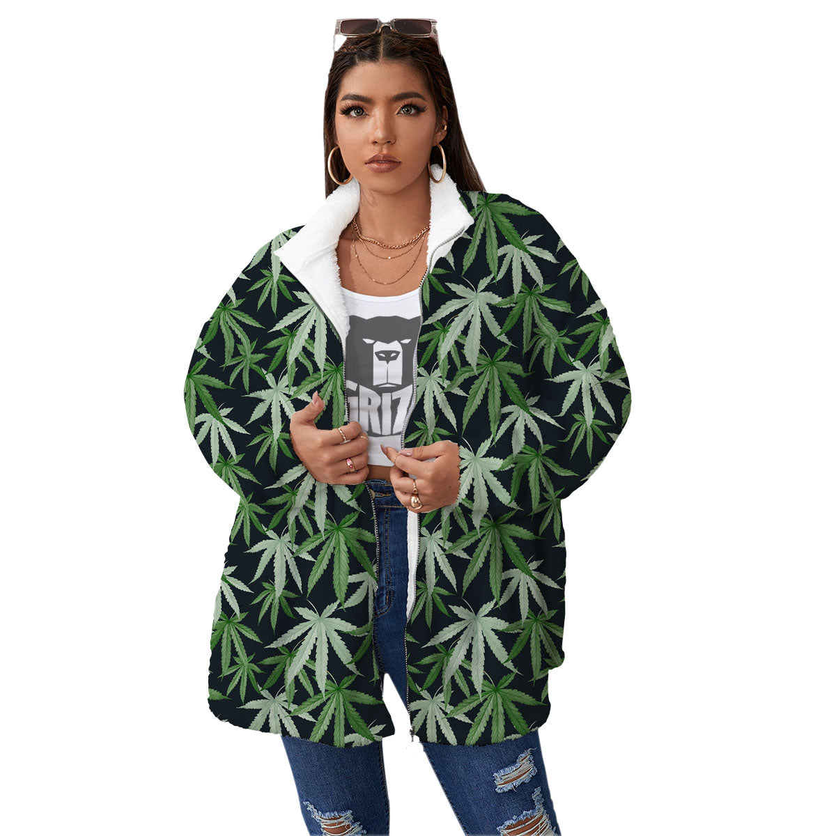 Pot Leaf Green Print Pattern Women's Sherpa Jacket-grizzshop