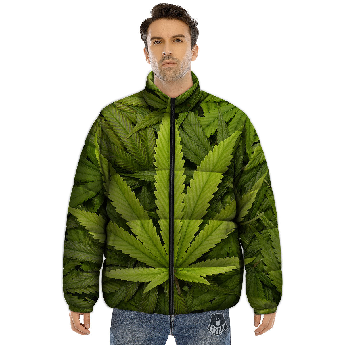 Pot Leaf Green Print Puffer Jacket-grizzshop