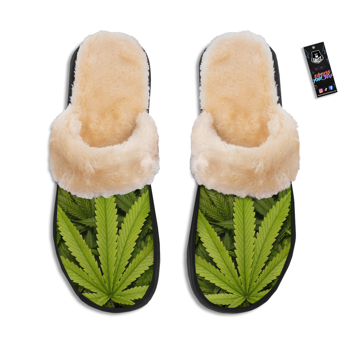 Pot Leaf Green Print Slippers-grizzshop
