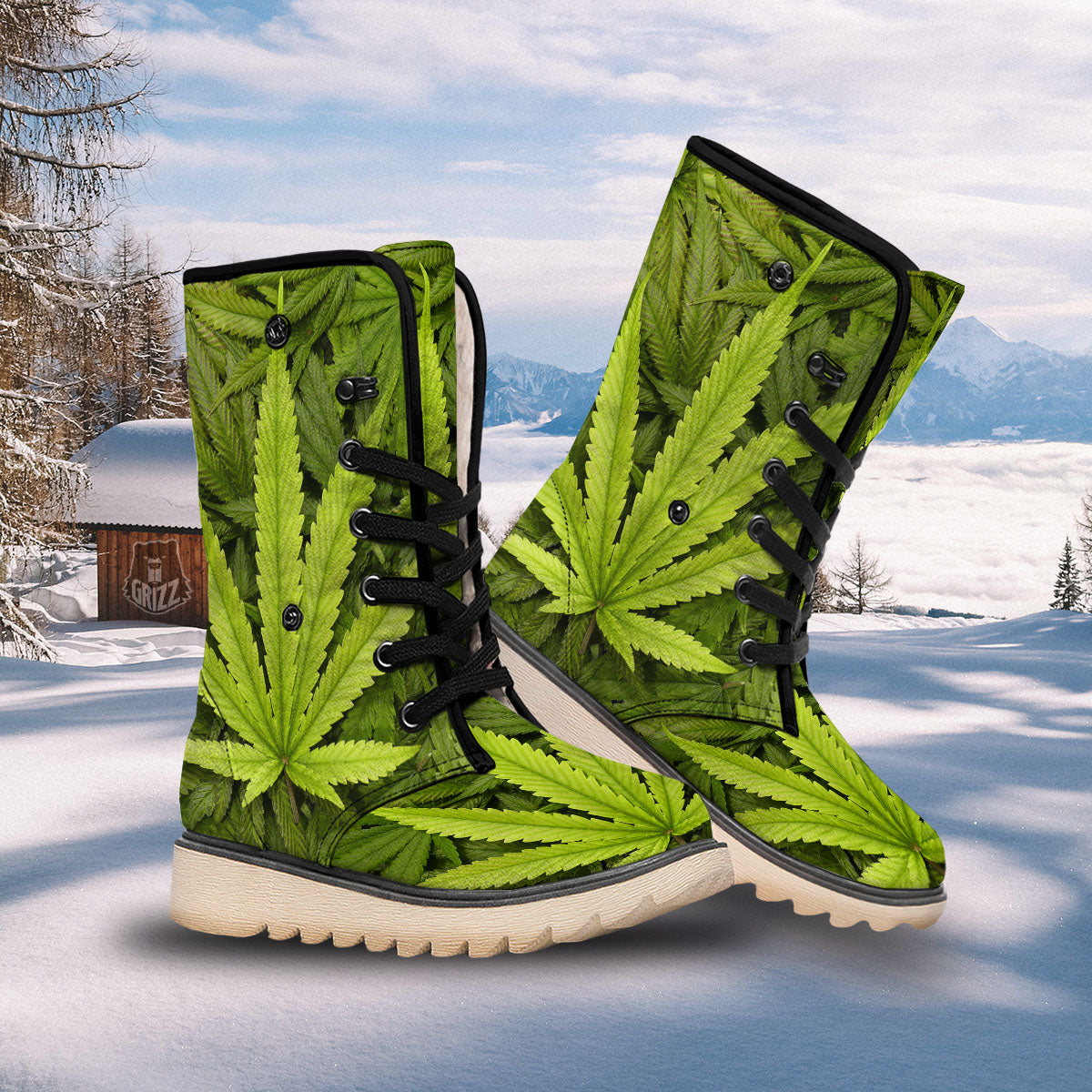 Pot Leaf Green Print Snow Boots-grizzshop