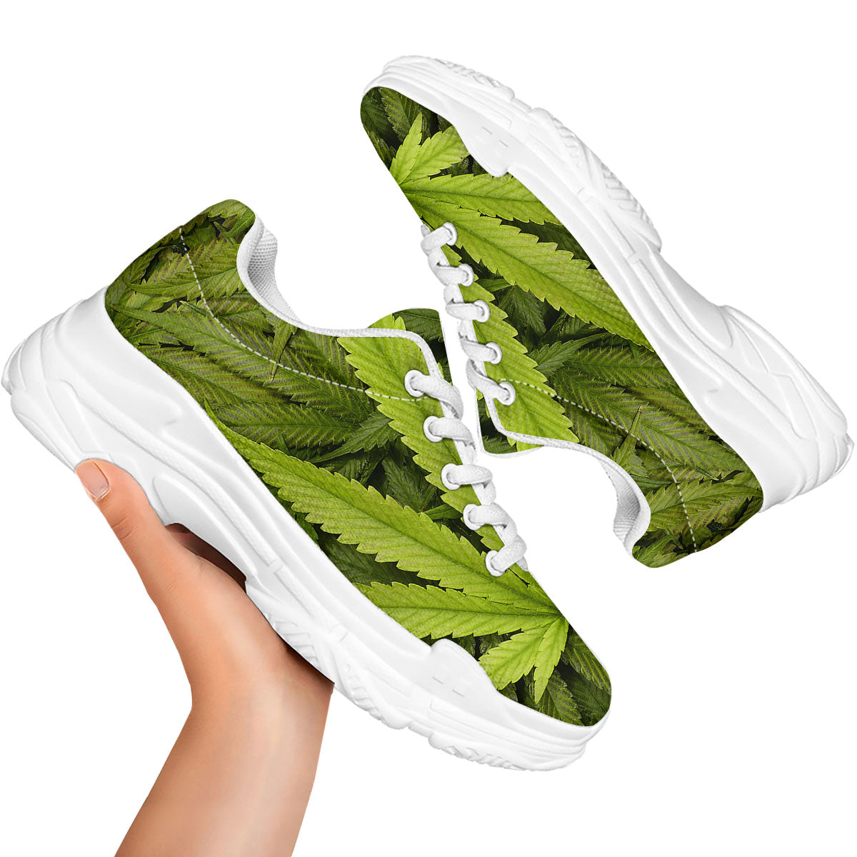 Pot Leaf Green Print White Chunky Shoes-grizzshop