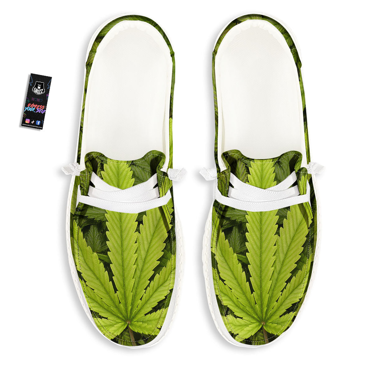 Pot Leaf Green Print White Loafers-grizzshop