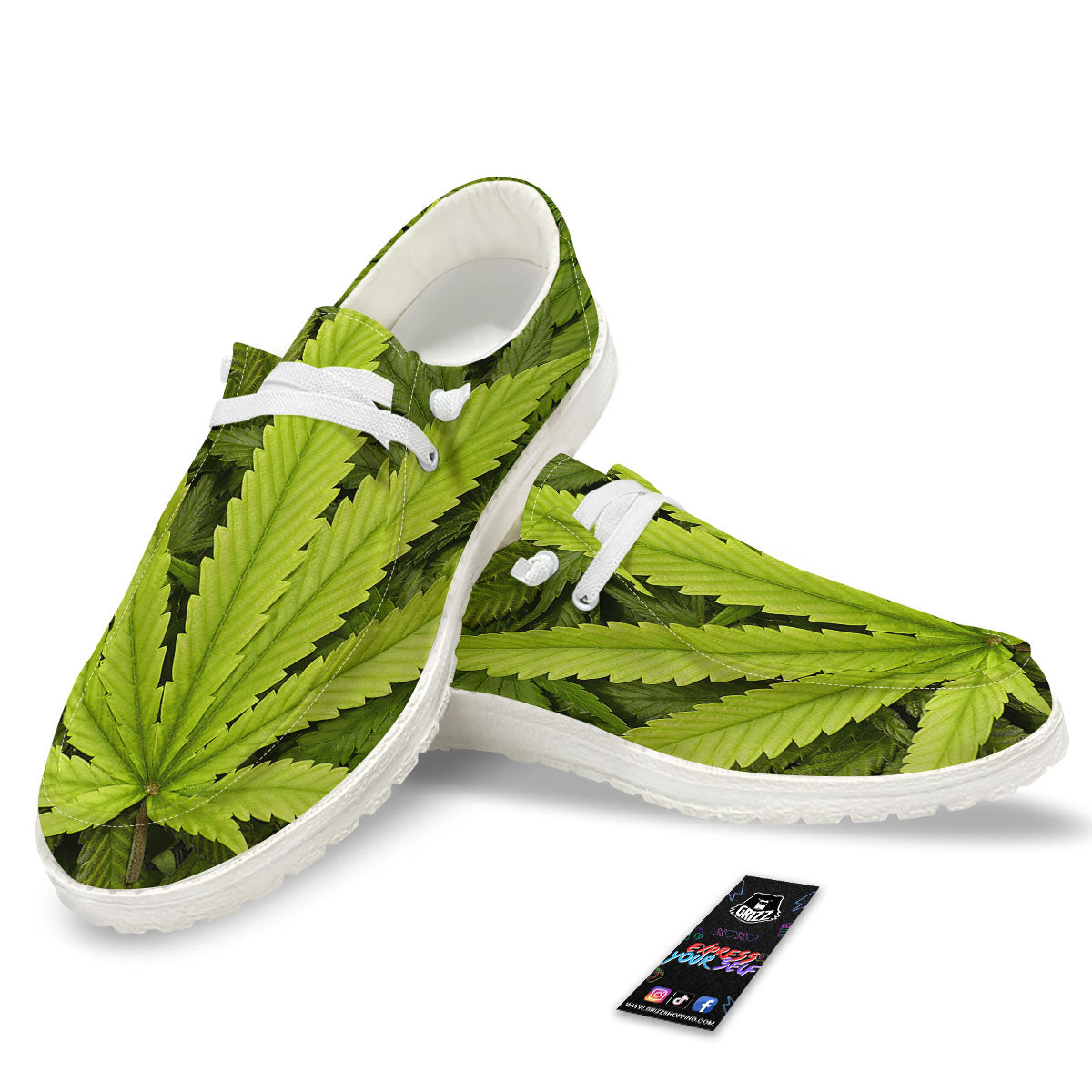 Pot Leaf Green Print White Loafers-grizzshop