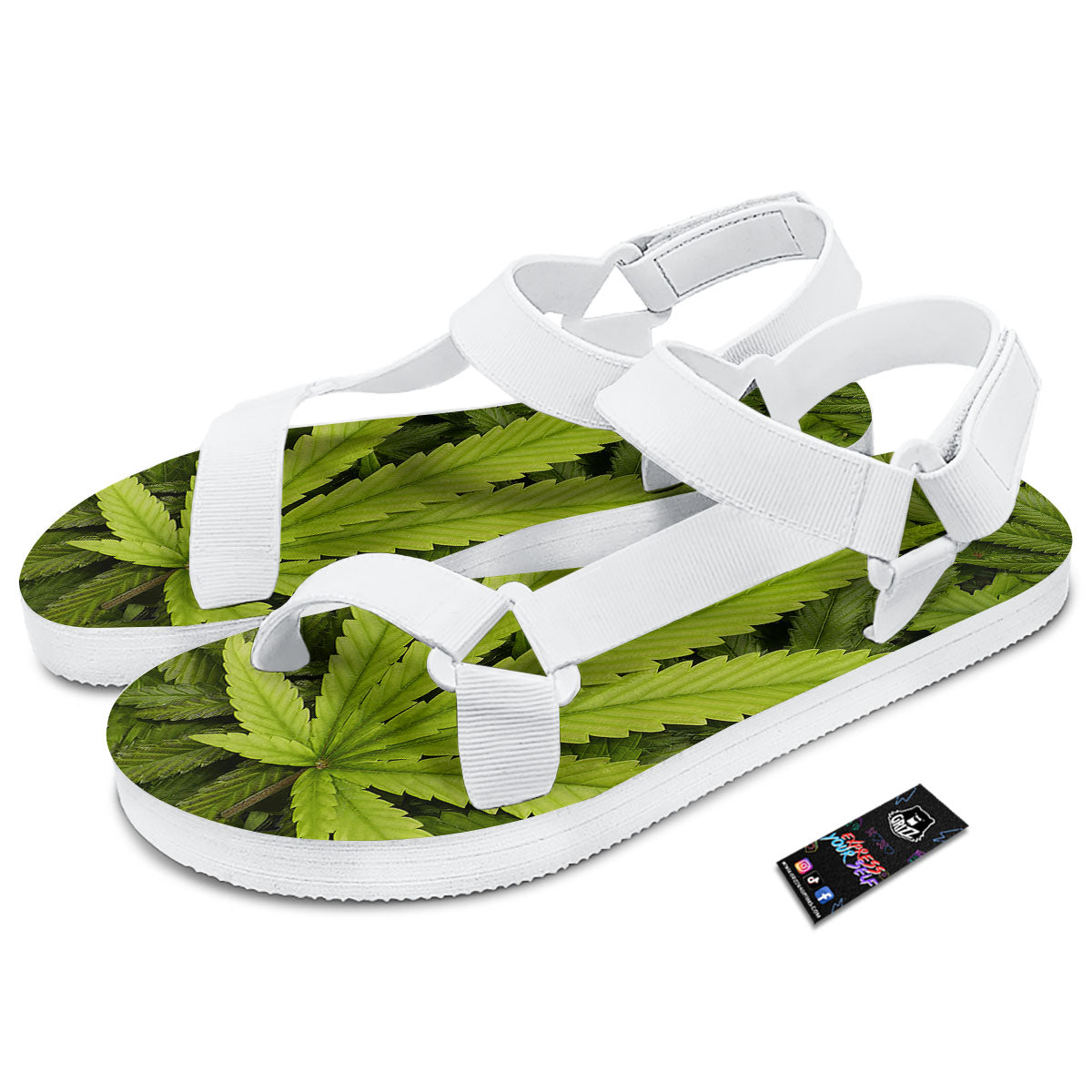 Pot Leaf Green Print White Open Toe Sandals-grizzshop