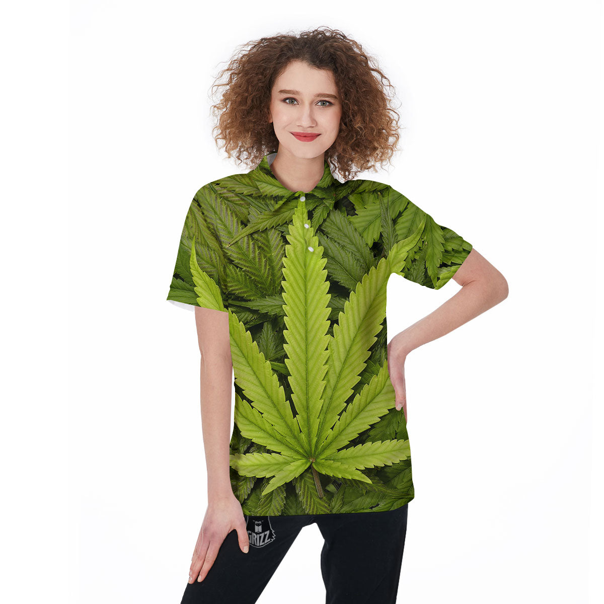 Pot Leaf Green Print Women's Golf Shirts-grizzshop
