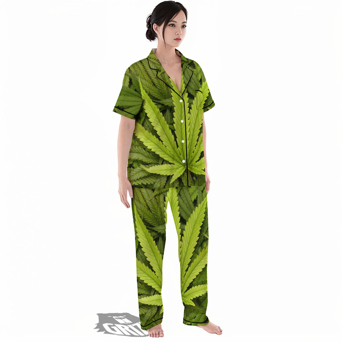 Pot Leaf Green Print Women's Pajamas Set-grizzshop