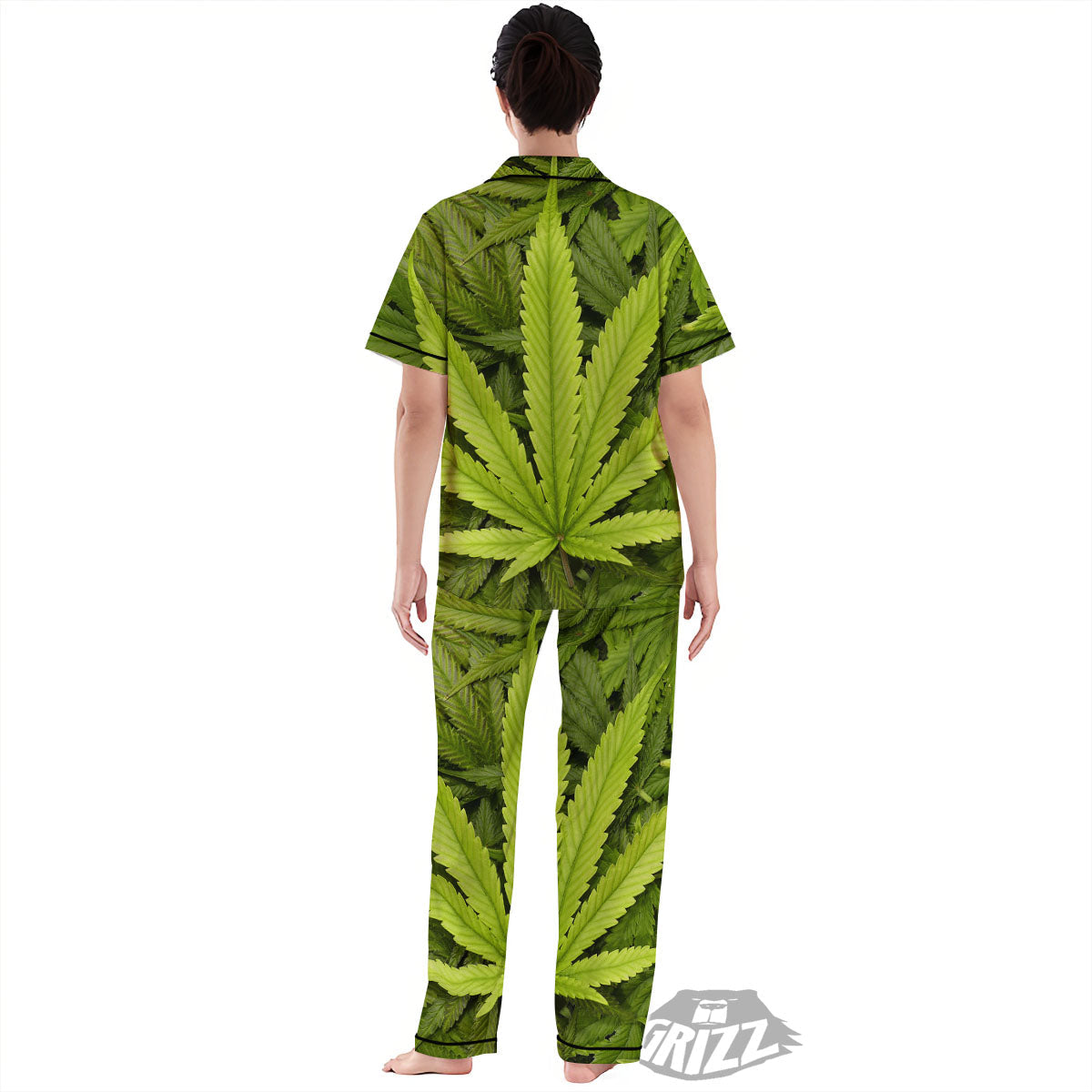 Pot Leaf Green Print Women's Pajamas Set-grizzshop