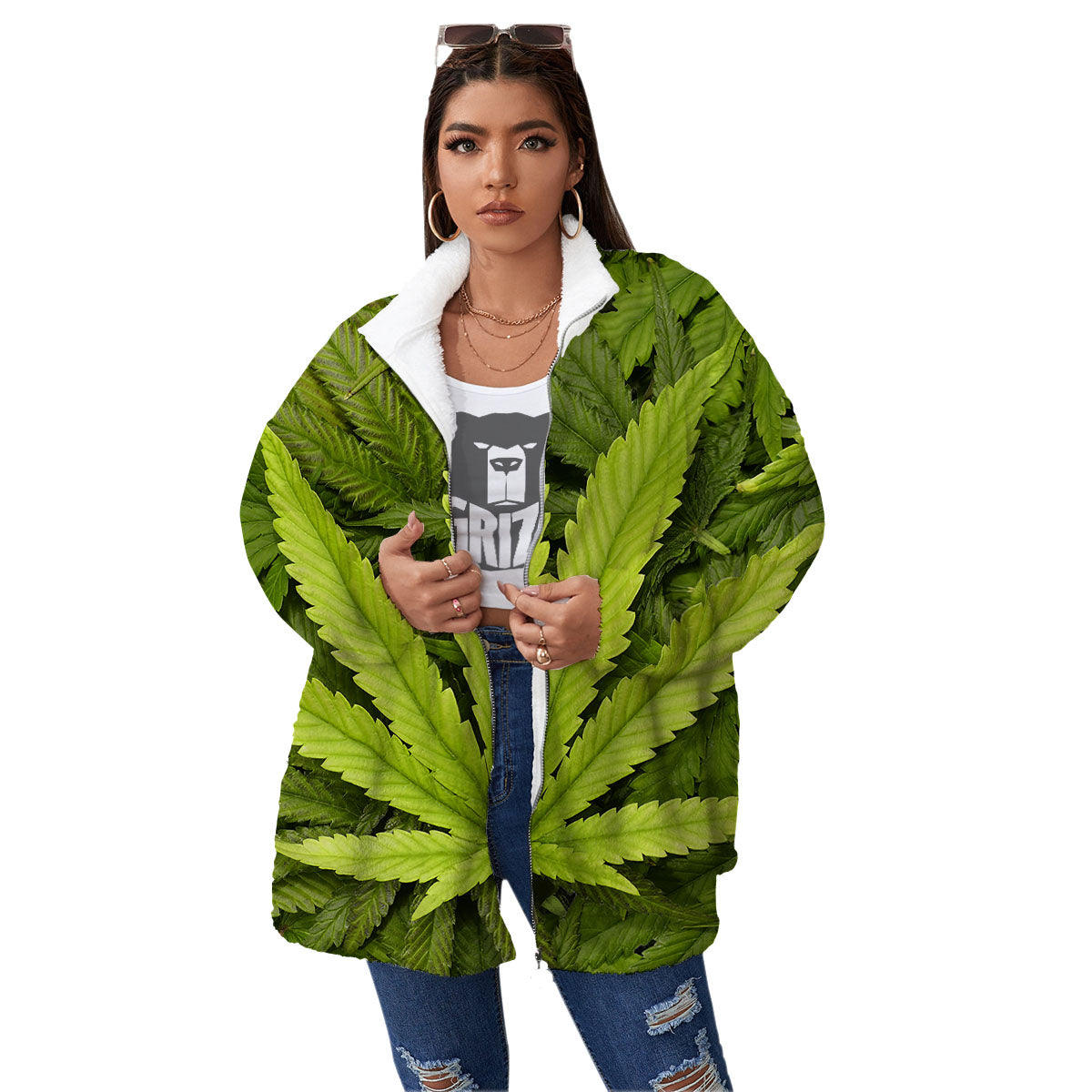 Pot Leaf Green Print Women's Sherpa Jacket-grizzshop