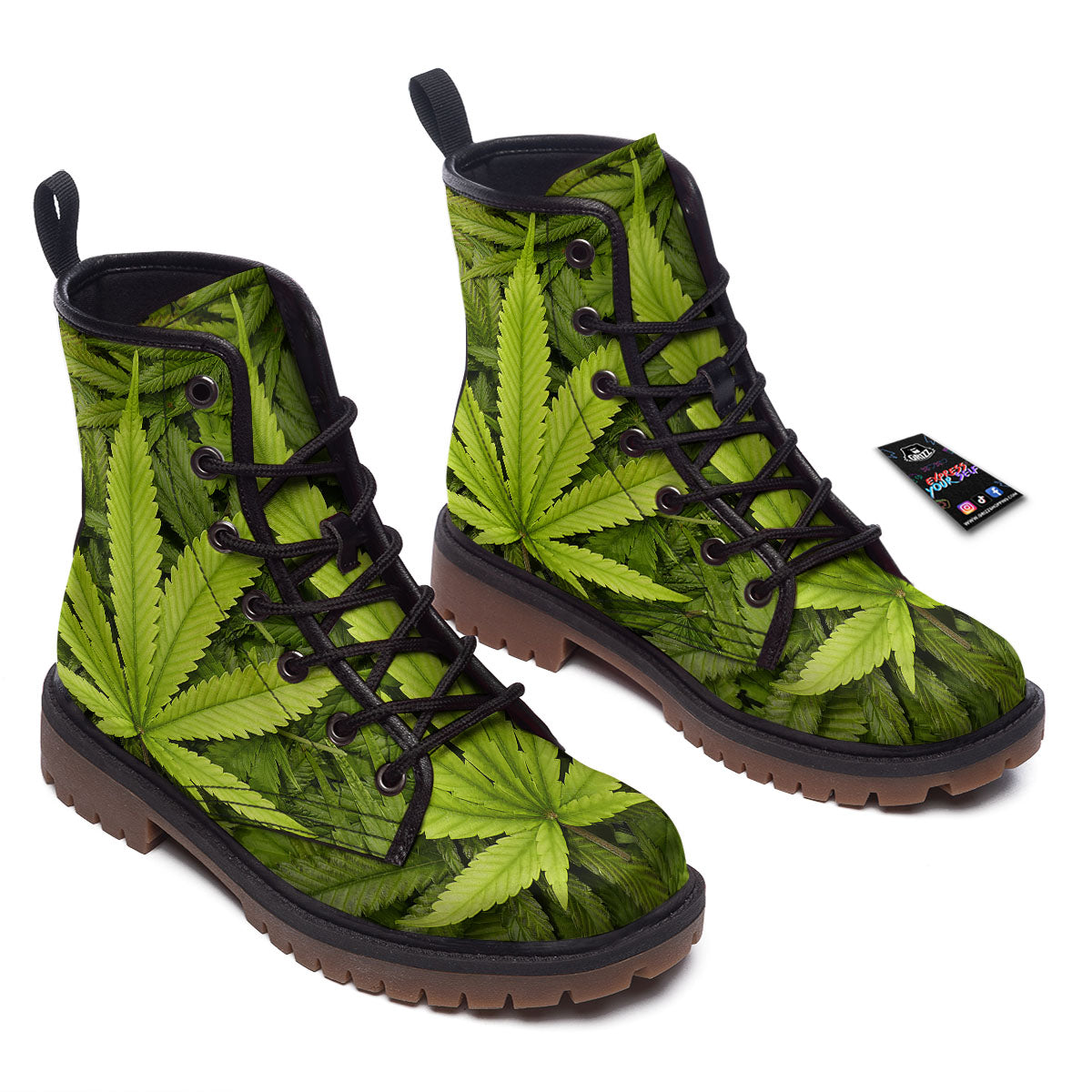Pot Leaf Green Print Work Boots-grizzshop